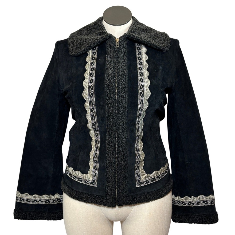 Vtg White Stag Womens Penny Lane Coat Embroidered Black Leather Jacket Small 4/6